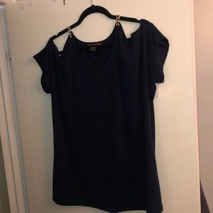 Cold shoulder top navy blue with gold chain accent